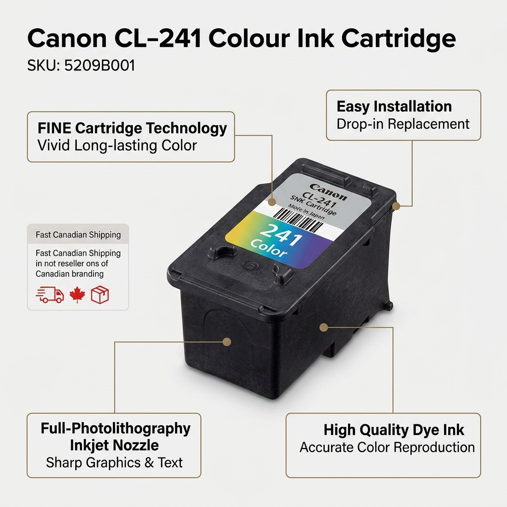 Infographie de la cartouche Canon CL-241 présentant la qualité d’impression et l’installation.