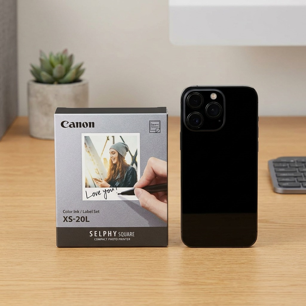 High-resolution Canon SELPHY Color Ink/Label XS-20L set: ink ribbon and label-backed papers, isolated.