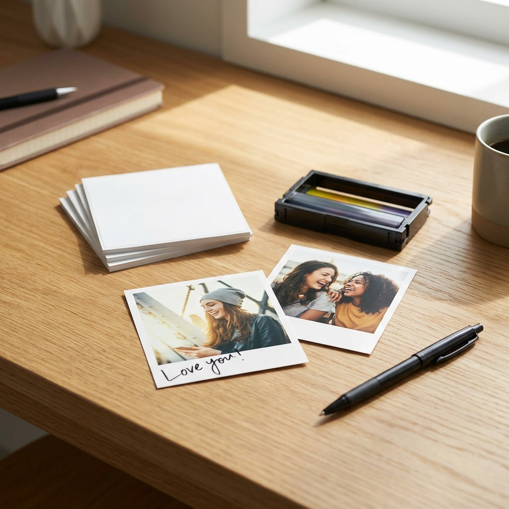 Ensemble Canon XS-20L d’encre et de papier photo avec tirages sur un bureau en bois.