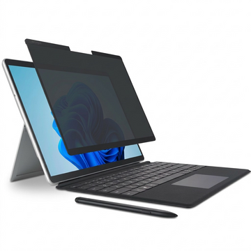 Kensington MagPro magnetic privacy screen hovering over a Surface Pro with keyboard and stylus.
