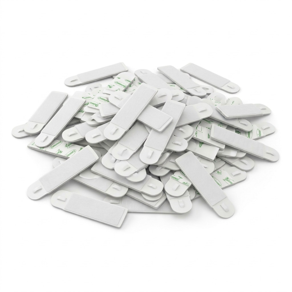 A high-resolution ecommerce hero shot of a large pile of Command Medium Picture Hanging Strips, showing multiple layers of the identical white strips, some with the specific 'Command 3M' green branding, on a solid white background with a clean shadow.