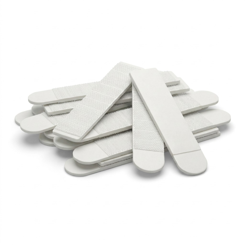 A high-resolution product image showing a stack of actual white adhesive strips on a clean white background.