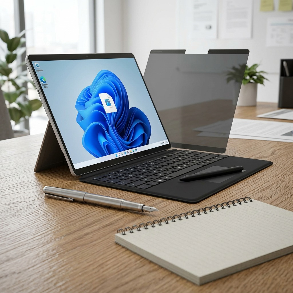 Kensington MagPro magnetic privacy screen hovering over a Surface Pro with keyboard and stylus.