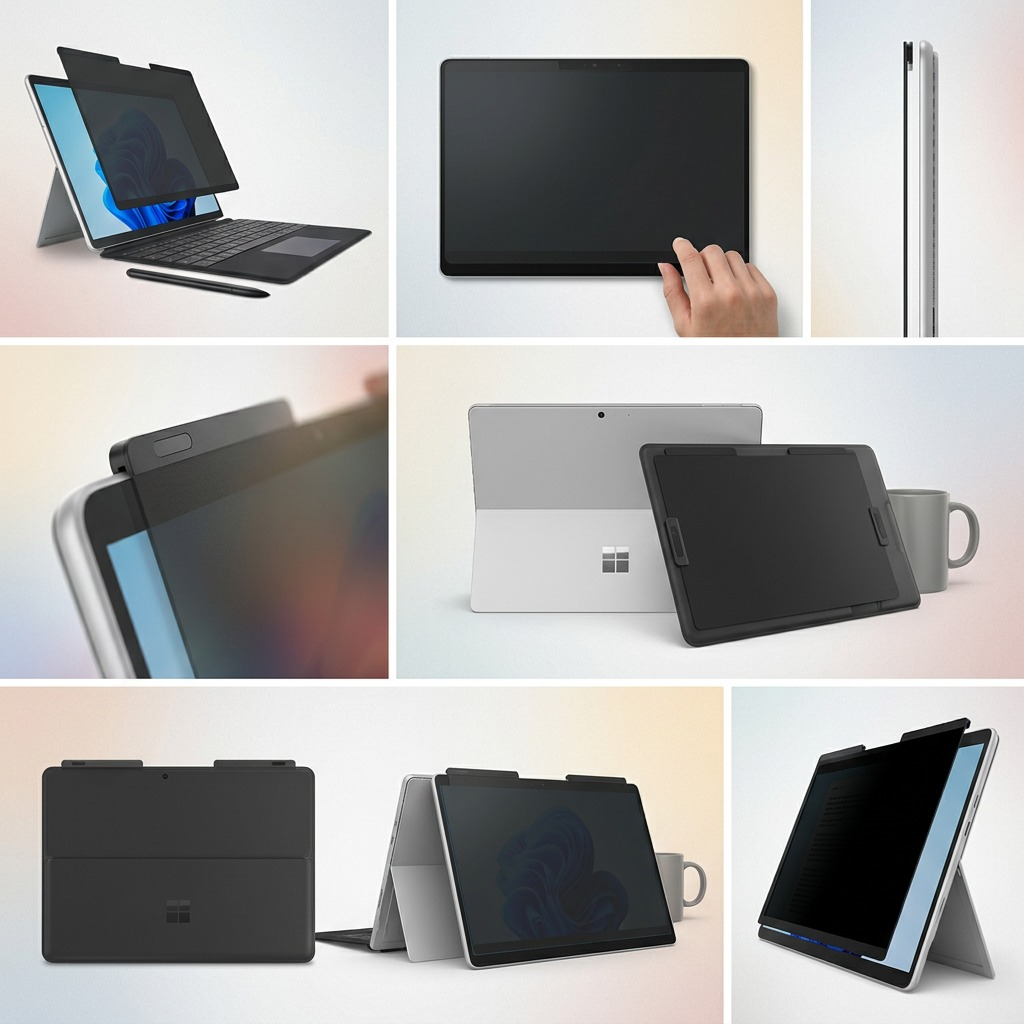 Grid of angles showing Kensington MagPro magnetic privacy screen on a Microsoft Surface Pro device.