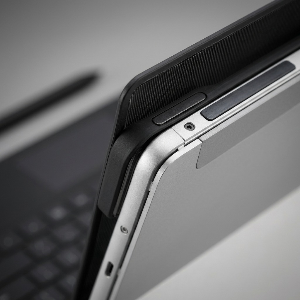 Macro detail of Kensington MagPro Magnetic Privacy Screen attaching to a Surface Pro laptop frame.
