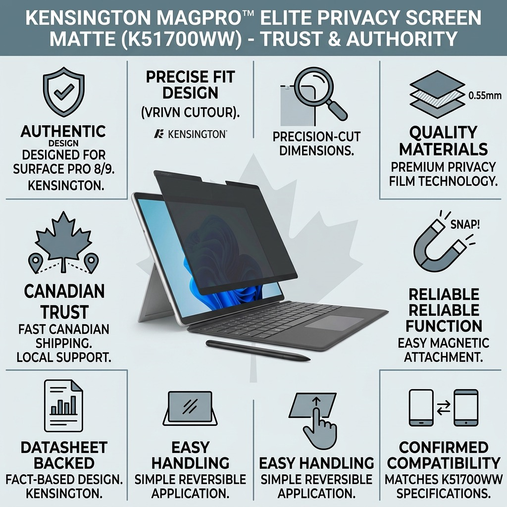 Kensington MagPro Magnetic Privacy Screen infographic for Surface Pro 8/9, highlighting features.