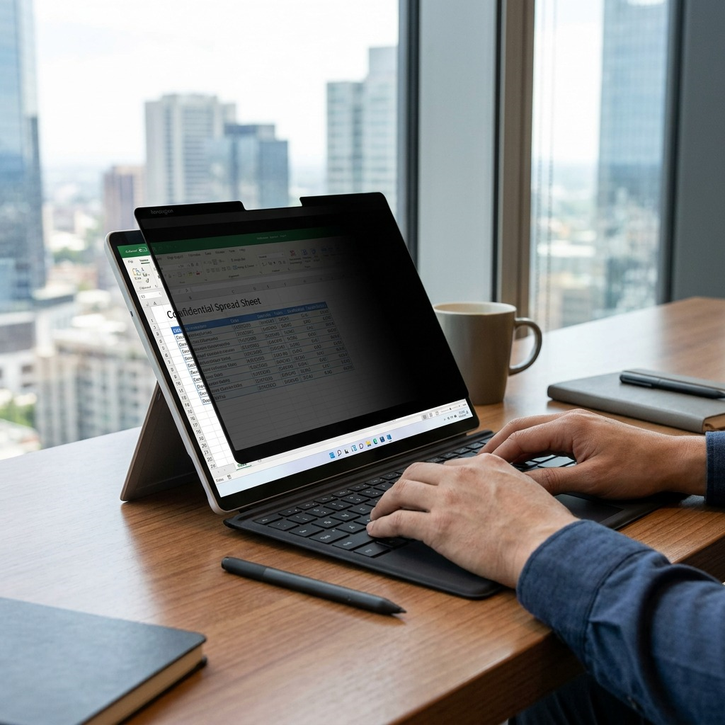 A person using a Surface Pro with a Kensington MagPro magnetic privacy screen on a desk by a window.
