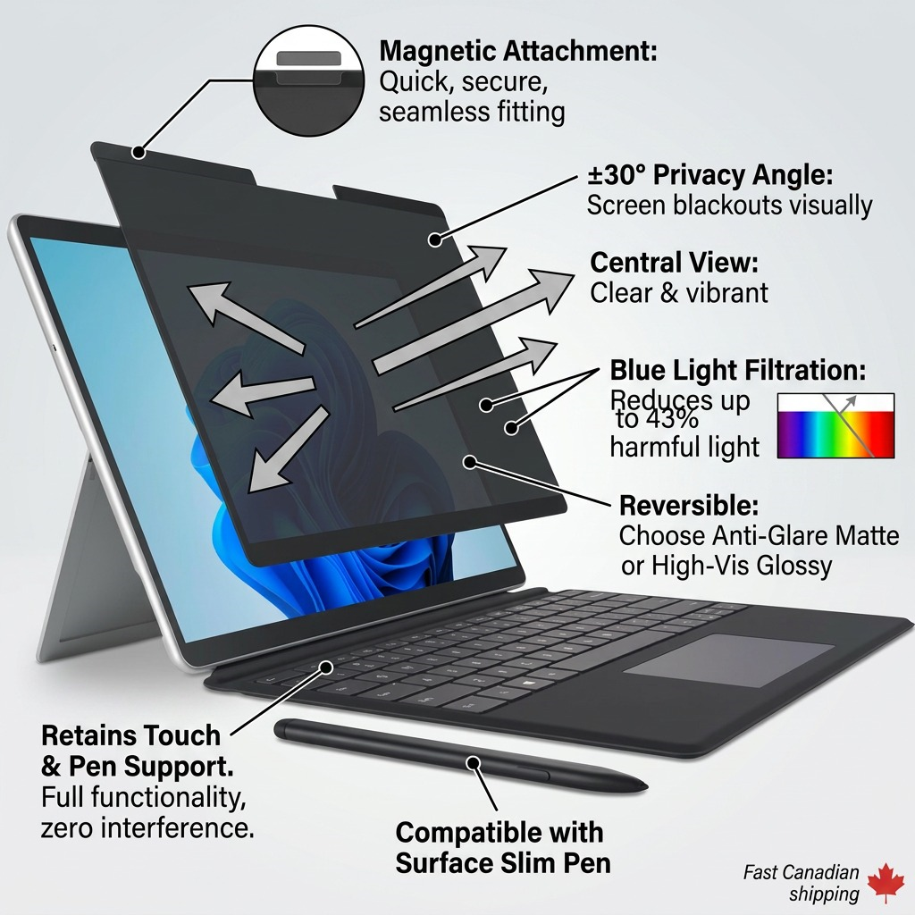 Kensington MagPro Magnetic Privacy Screen for Surface Pro with callouts for key technical features.