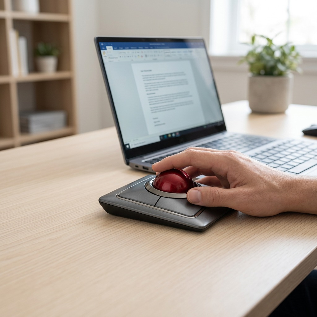 A hand using the Kensington SlimBlade Pro Trackball with a red ball in a bright office setting.