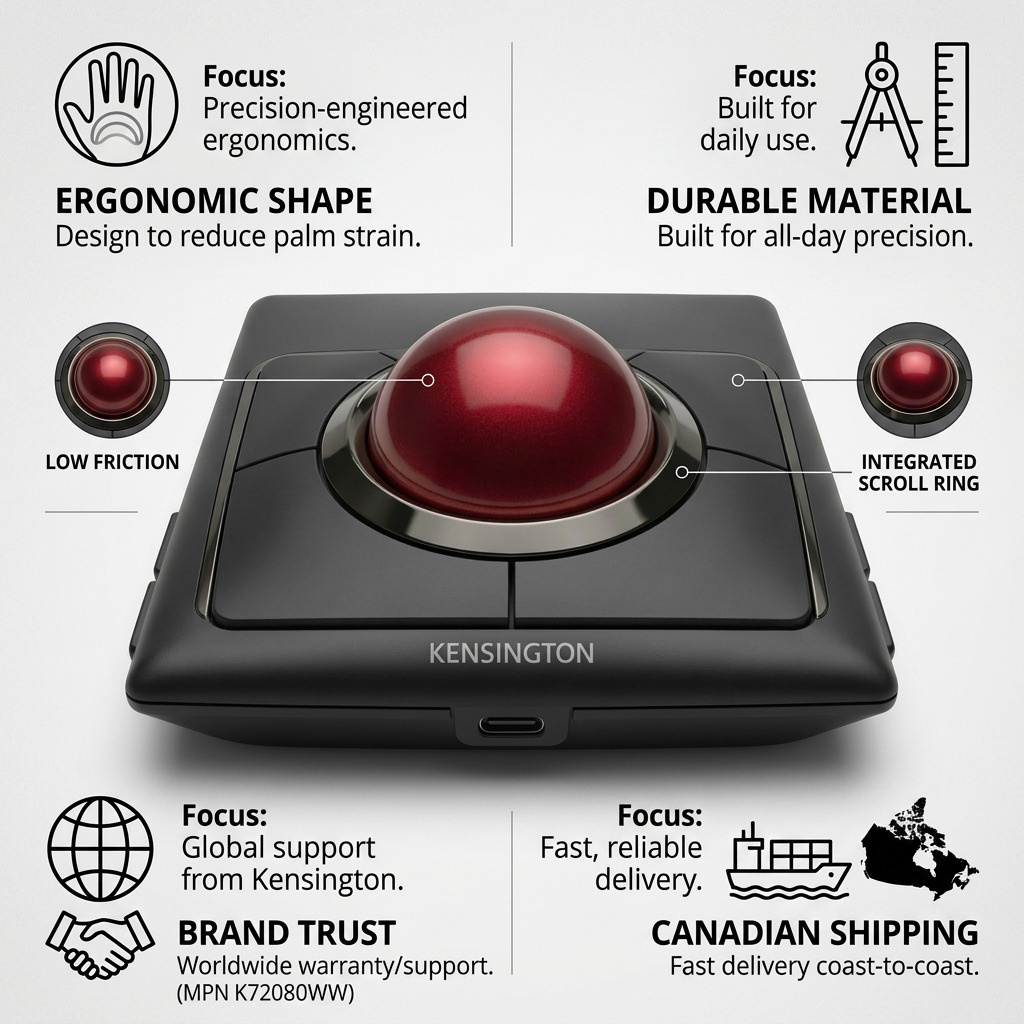 Kensington SlimBlade Pro Trackball infographic highlighting ergonomic shape and fast Canadian shipping.