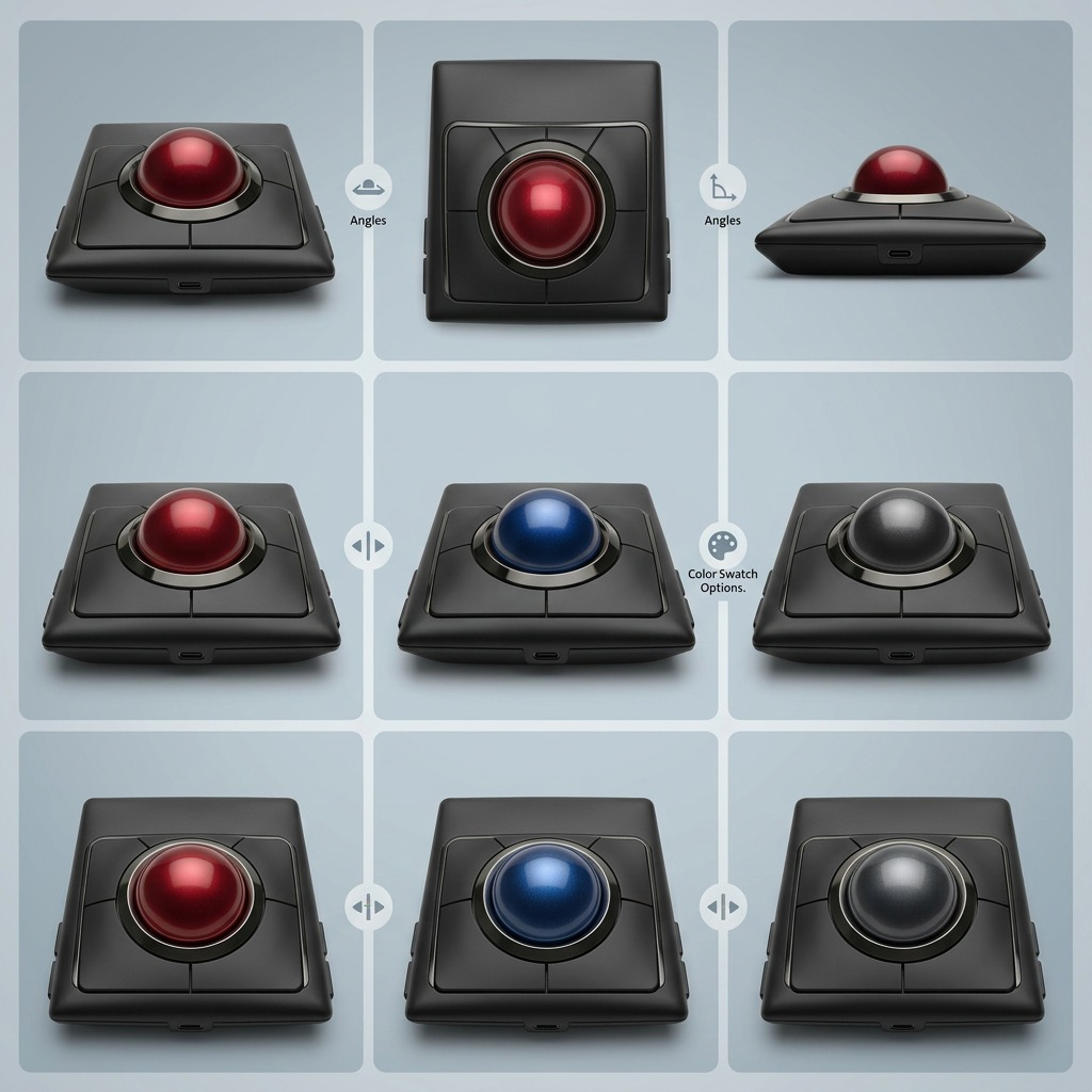 Grid showing Kensington SlimBlade Pro Trackball from multiple angles with red, blue, and grey balls.