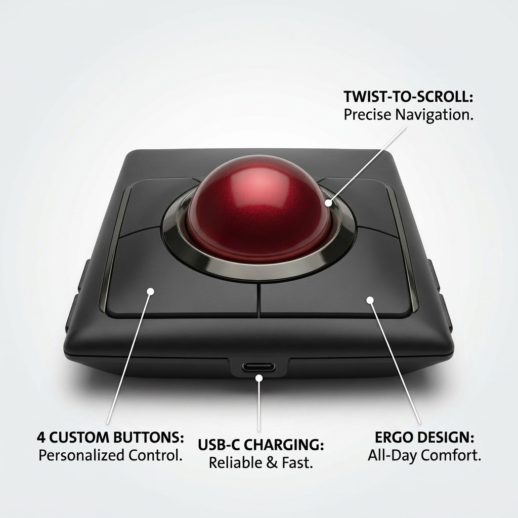 Kensington SlimBlade Pro Trackball featuring twist-to-scroll, 4 custom buttons, and USB-C charging.
