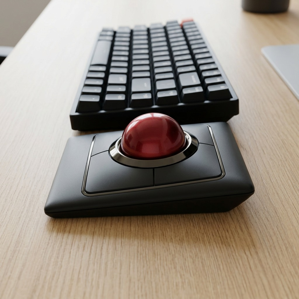 Kensington SlimBlade Pro Trackball with red ball on a wooden desk next to a mechanical keyboard.