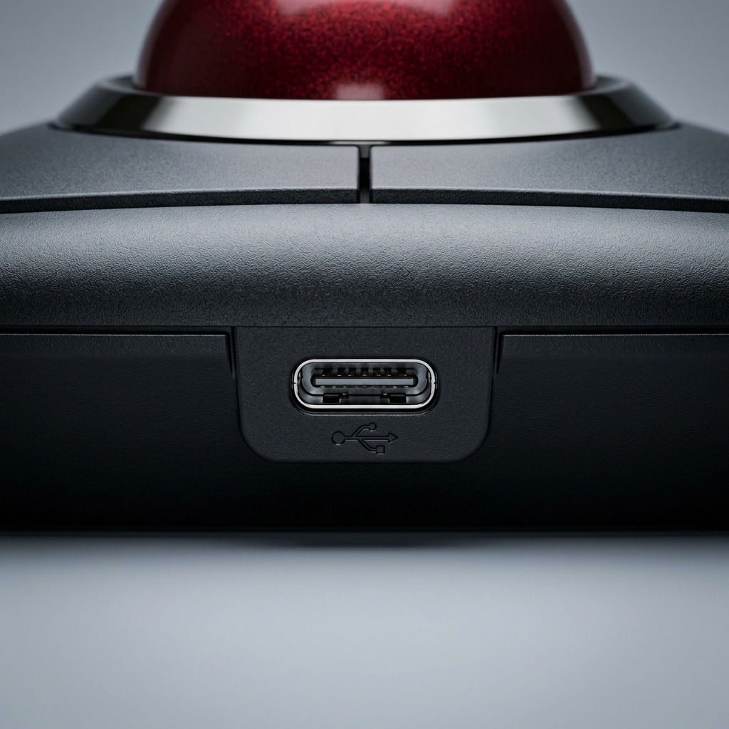 Macro detail of the Kensington SlimBlade Pro Trackball USB-C charging port and ruby red trackball.