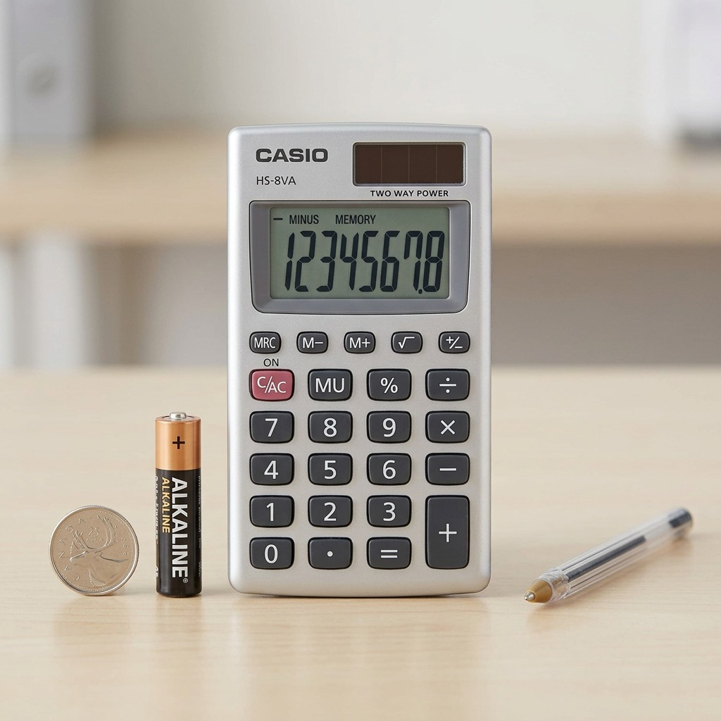 Casio HS-8VA solar-powered compact calculator with metal faceplate and 8-digit LCD display.
