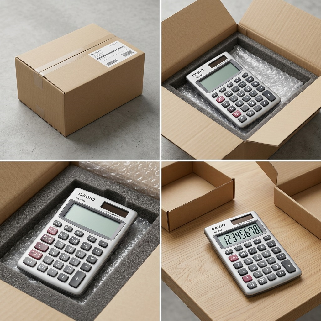Casio HS-8VA calculator safely packaged in a shipping box with bubble wrap and protective foam.
