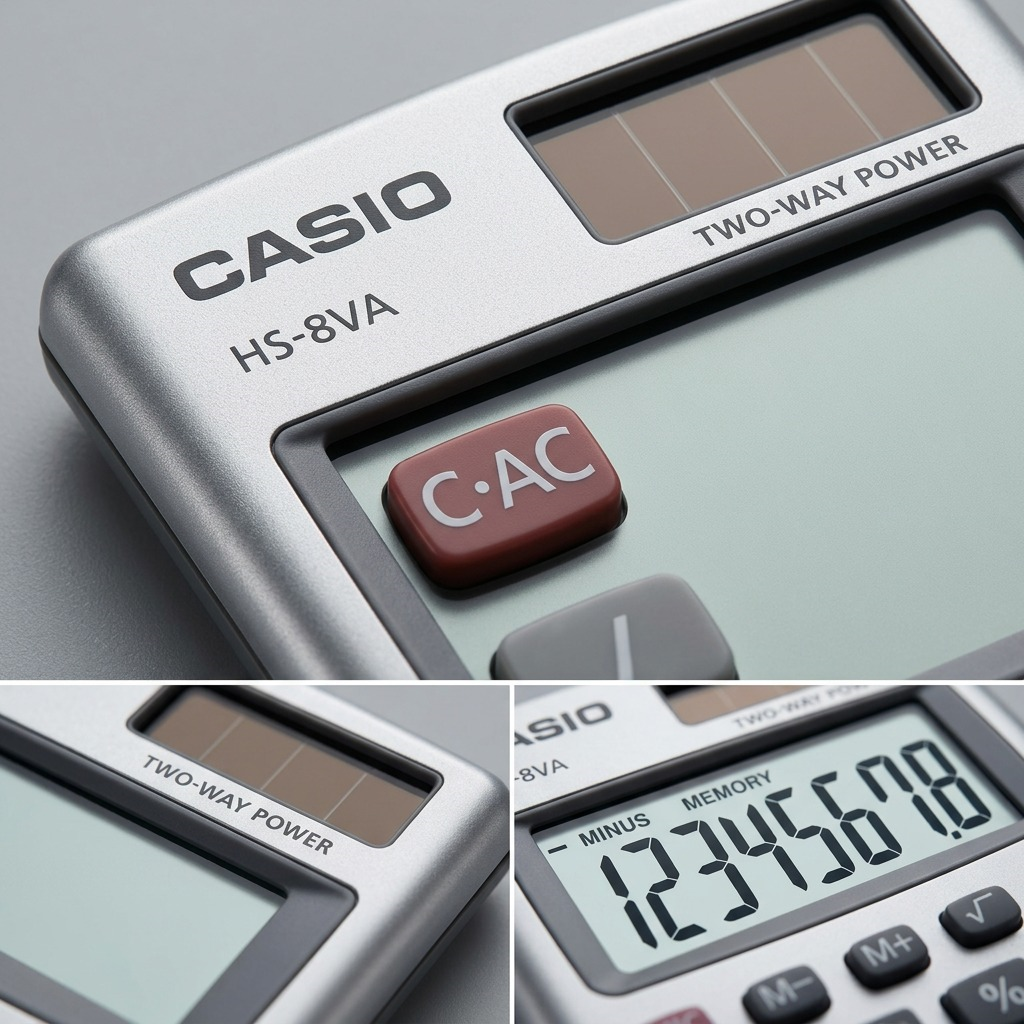 Macro details of Casio HS-8VA calculator showing solar panel, metal faceplate, and 8-digit LCD.
