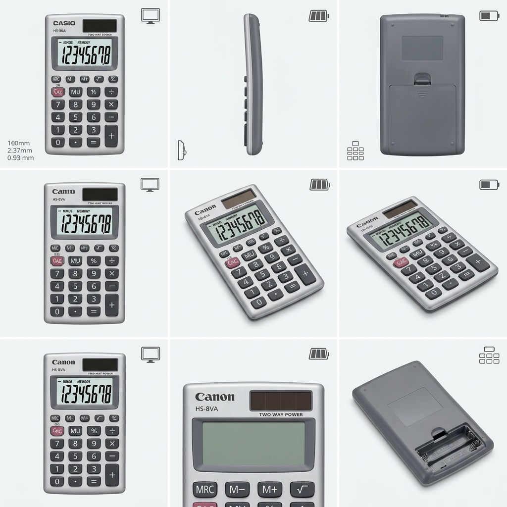 Grid of nine images showing the Casio HS-8VA calculator from various angles including front, side, back, and detail views.