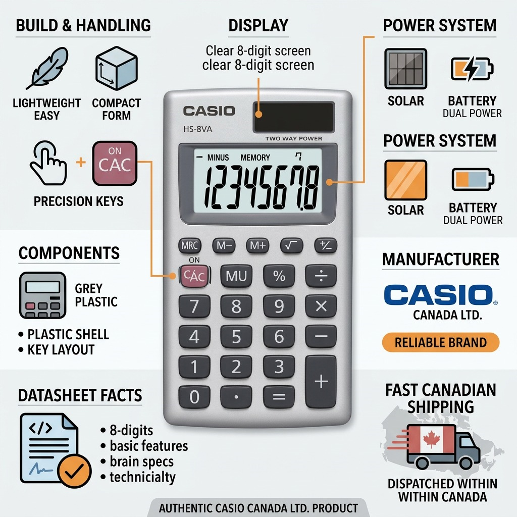 Infographic for Casio HS-8VA calculator highlighting solar power, 8-digit display, and lightweight build.