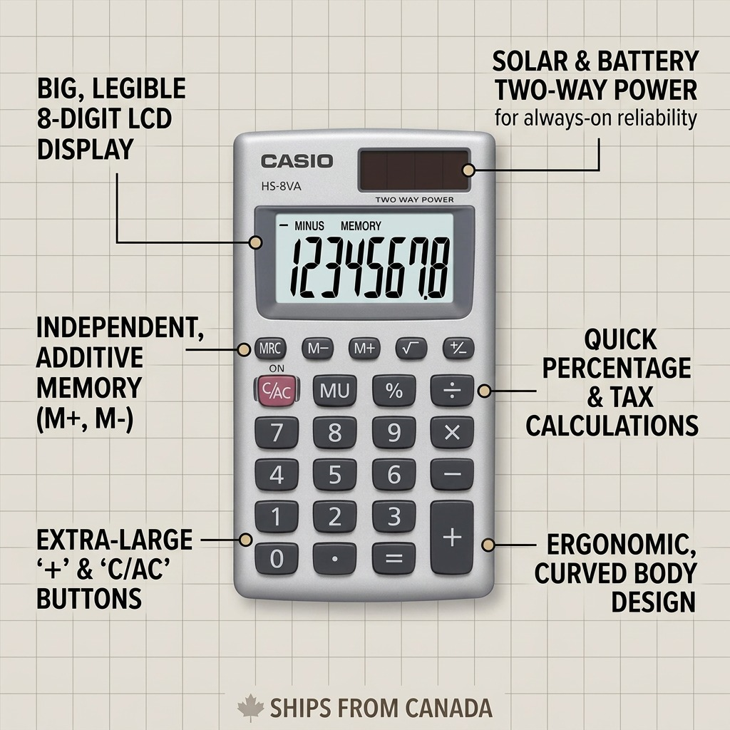 Feature diagram of Casio HS-8VA calculator highlighting the 8-digit display and solar dual power.