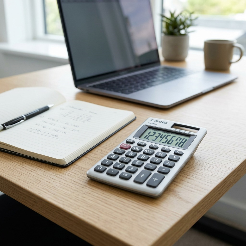 Casio HS-8VA 8-digit handheld calculator on a wooden desk with a solar panel and metal faceplate.