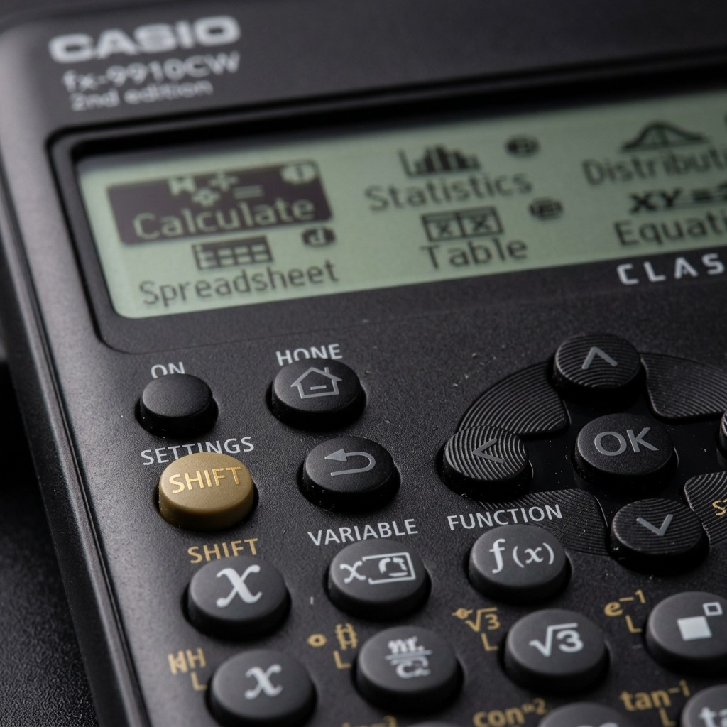 Macro detail of Casio FX-9910CW calculator buttons and high-resolution Natural Textbook Display.