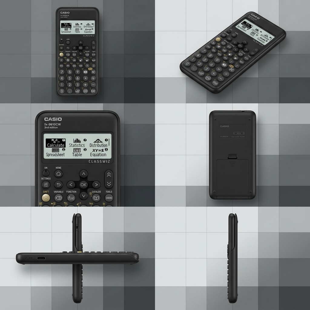 Casio FX-9910CW scientific calculator shown from multiple angles including front, back, and side.