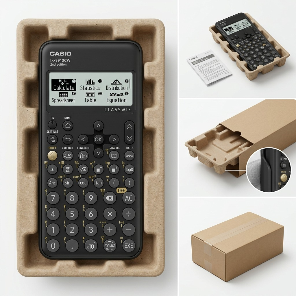 Unboxing the Casio FX-9910CW calculator showing protective molded pulp tray and shipping box.