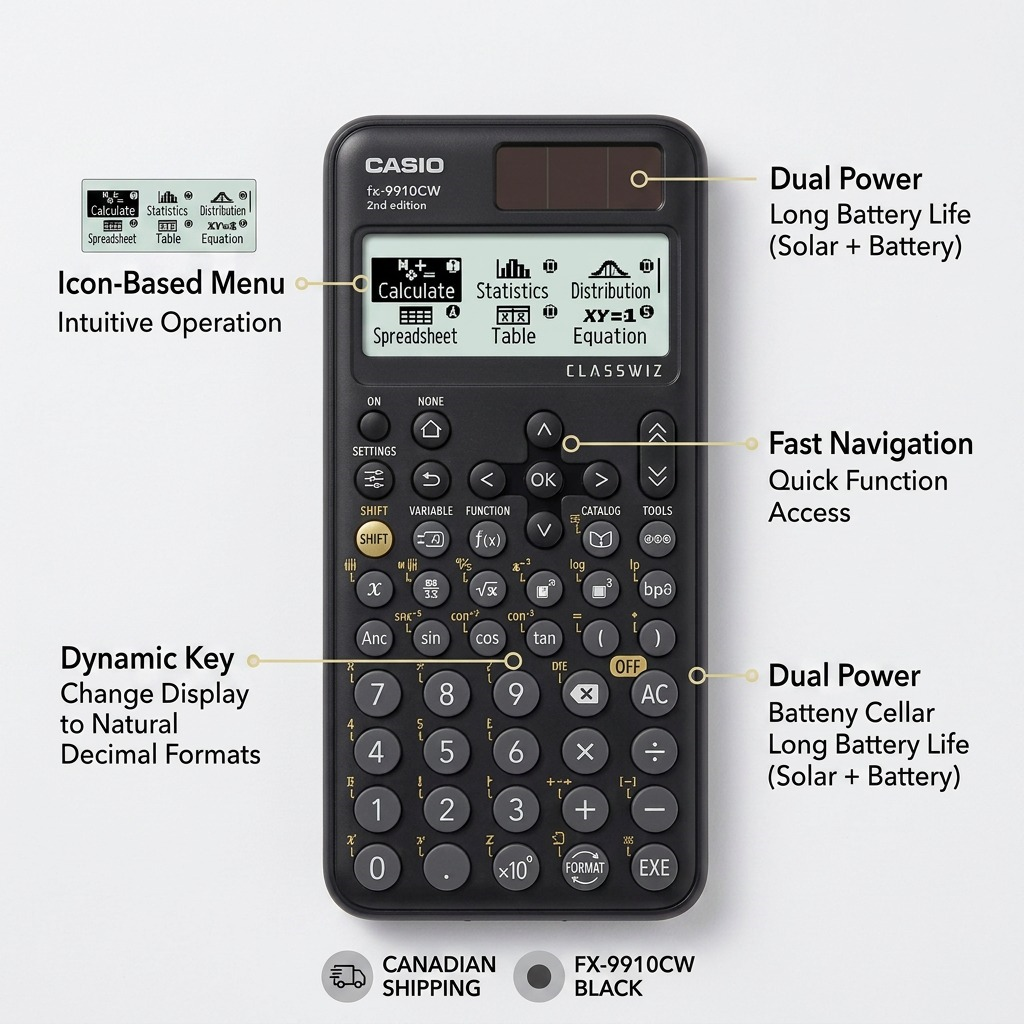Casio FX-9910CW scientific calculator with feature callouts for dual power and icon-based menus.