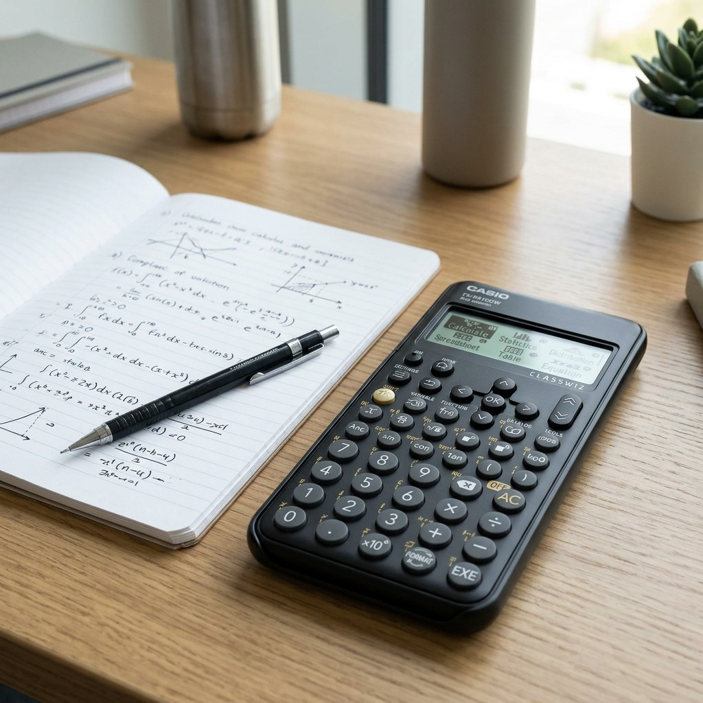 Black Casio FX-9910CW scientific calculator on a wooden desk next to a handwritten math notebook.