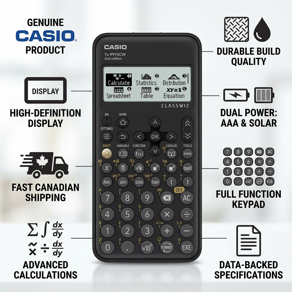 Casio FX-9910CW calculator infographic highlighting durable build, dual power, and fast Canadian shipping.