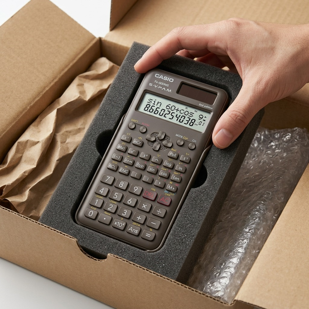 Casio scientific calculator safely packed in a shipping box with foam and protective materials.