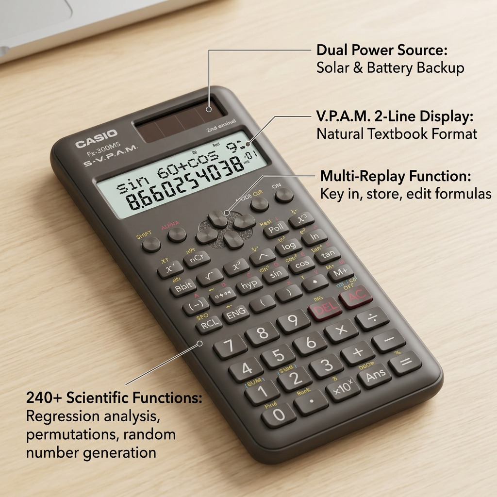 Casio scientific calculator with callouts showing dual power, 2-line display, and 240+ functions.