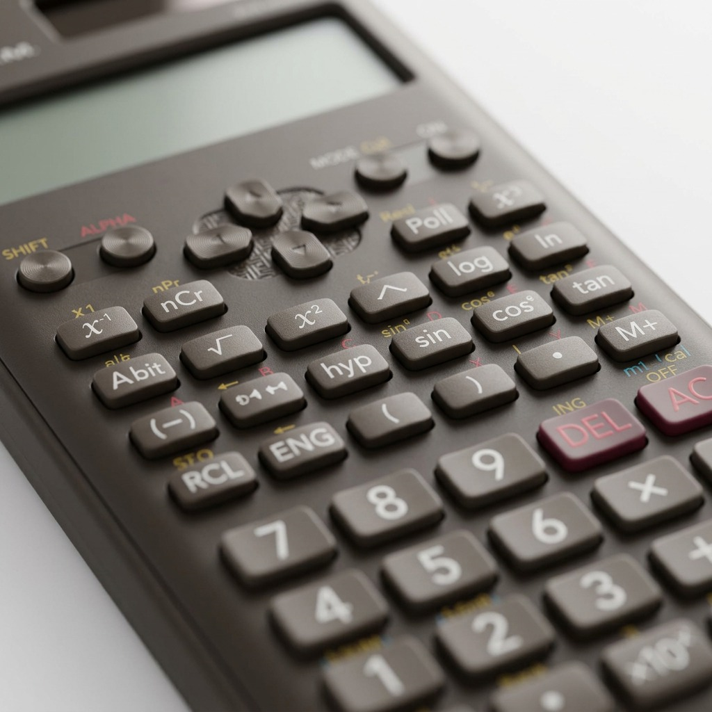 Macro detail of the Casio FX300MSPLUS2 scientific calculator keypad showing tactile gray buttons.