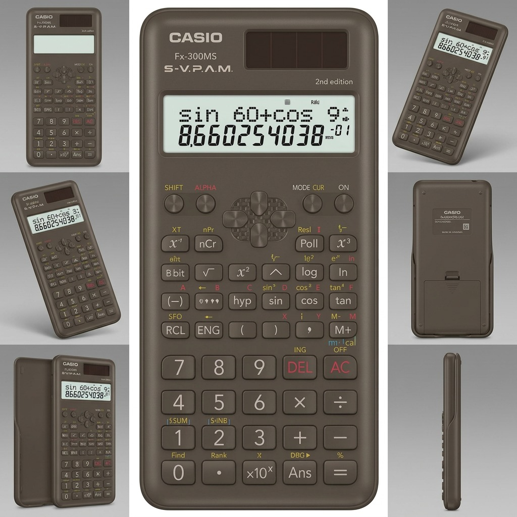 Matrix of the Casio FX-300MSPLUS2 Scientific Calculator shown from front, side, back, and angles.