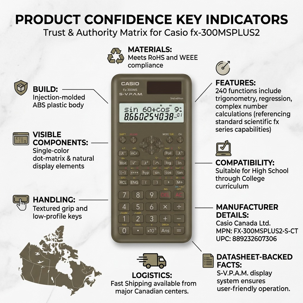 Casio FX300MSPLUS2 scientific calculator infographic showing build, materials, and fast Canadian shipping.