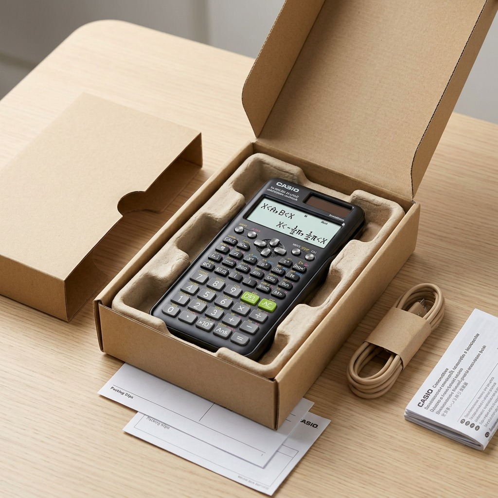 Casio FX-991ESPLSC2 scientific calculator inside a secure cardboard shipping box with protective insert.