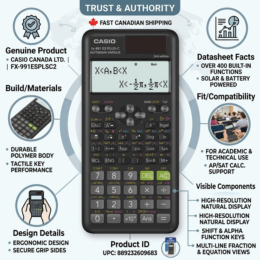 Infographic for Casio FX-991ESPLSC2 calculator featuring 400+ functions and dual power source.
