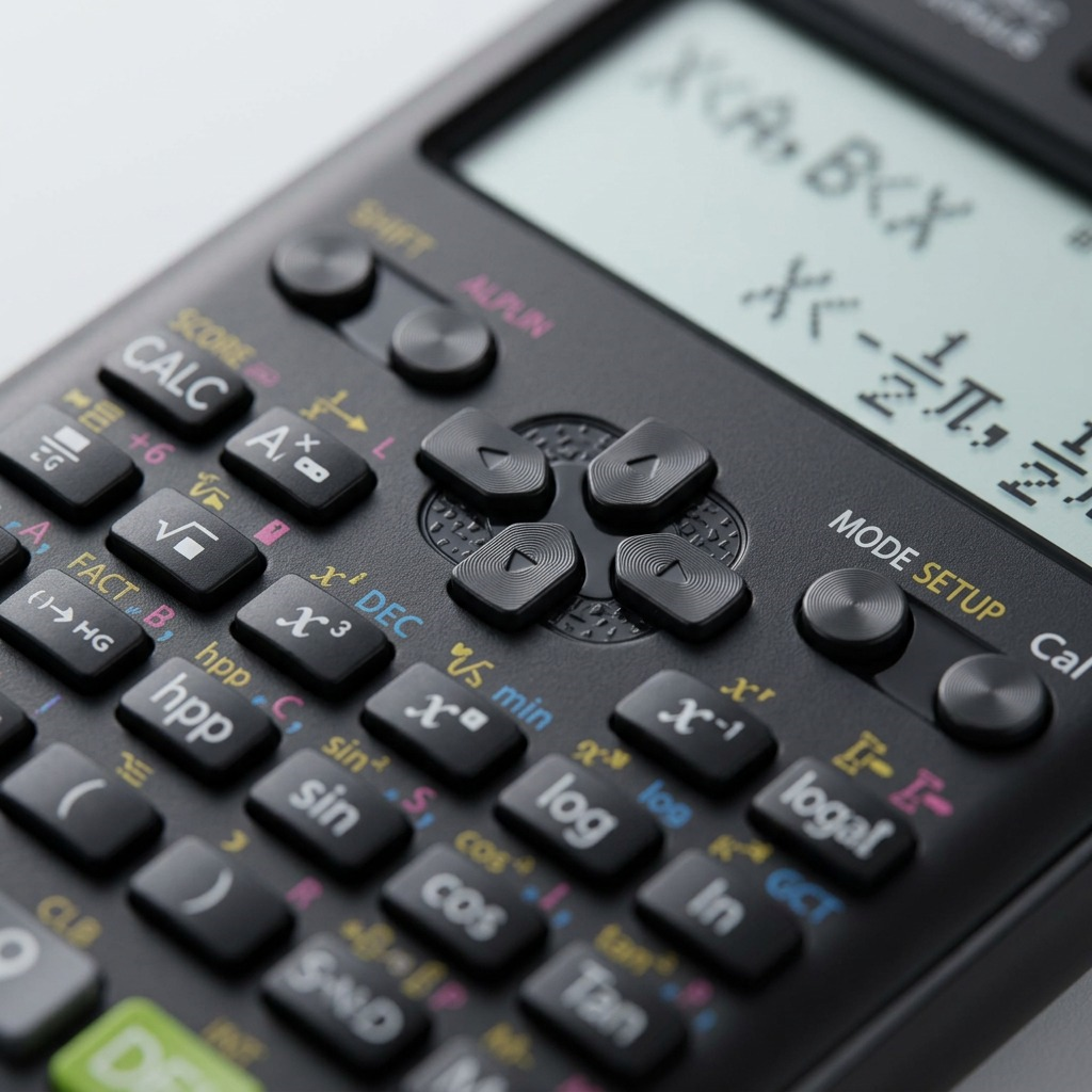 Macro detail of Casio FX-991ESPLSC2 scientific calculator showing tactile buttons and LCD screen.