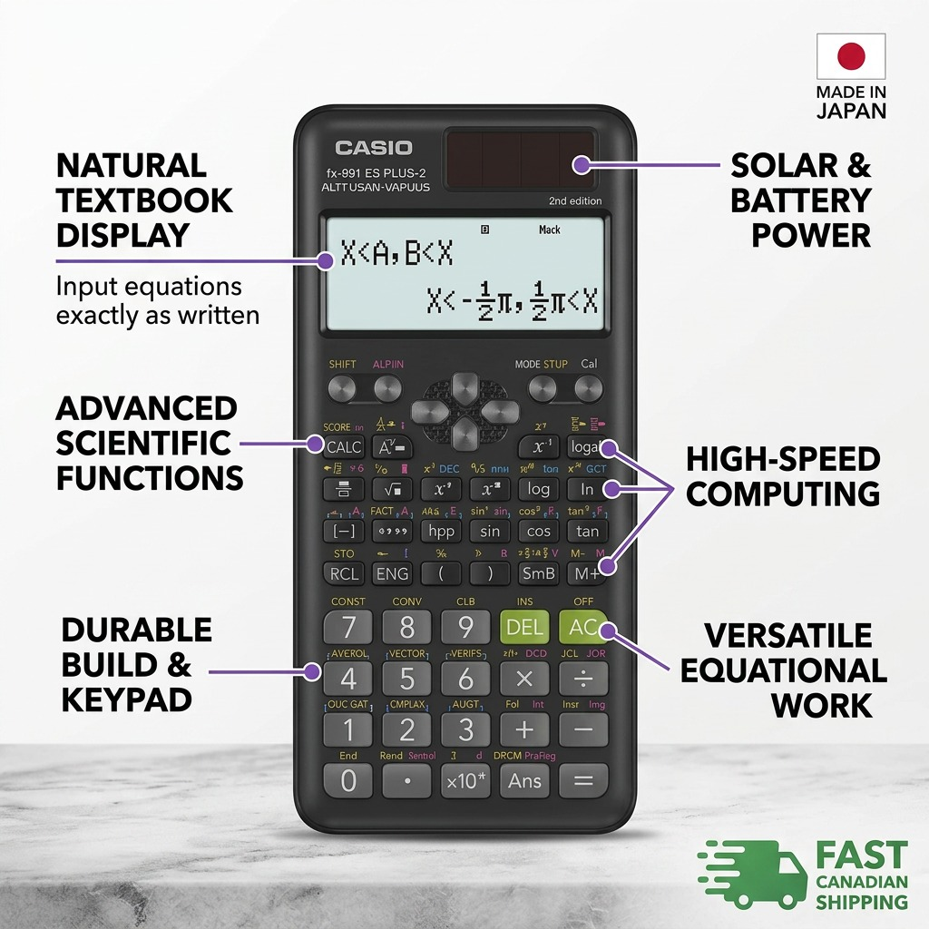 Casio FX-991ES PLUS 2nd Edition scientific calculator featuring Natural Textbook Display and solar power labels.