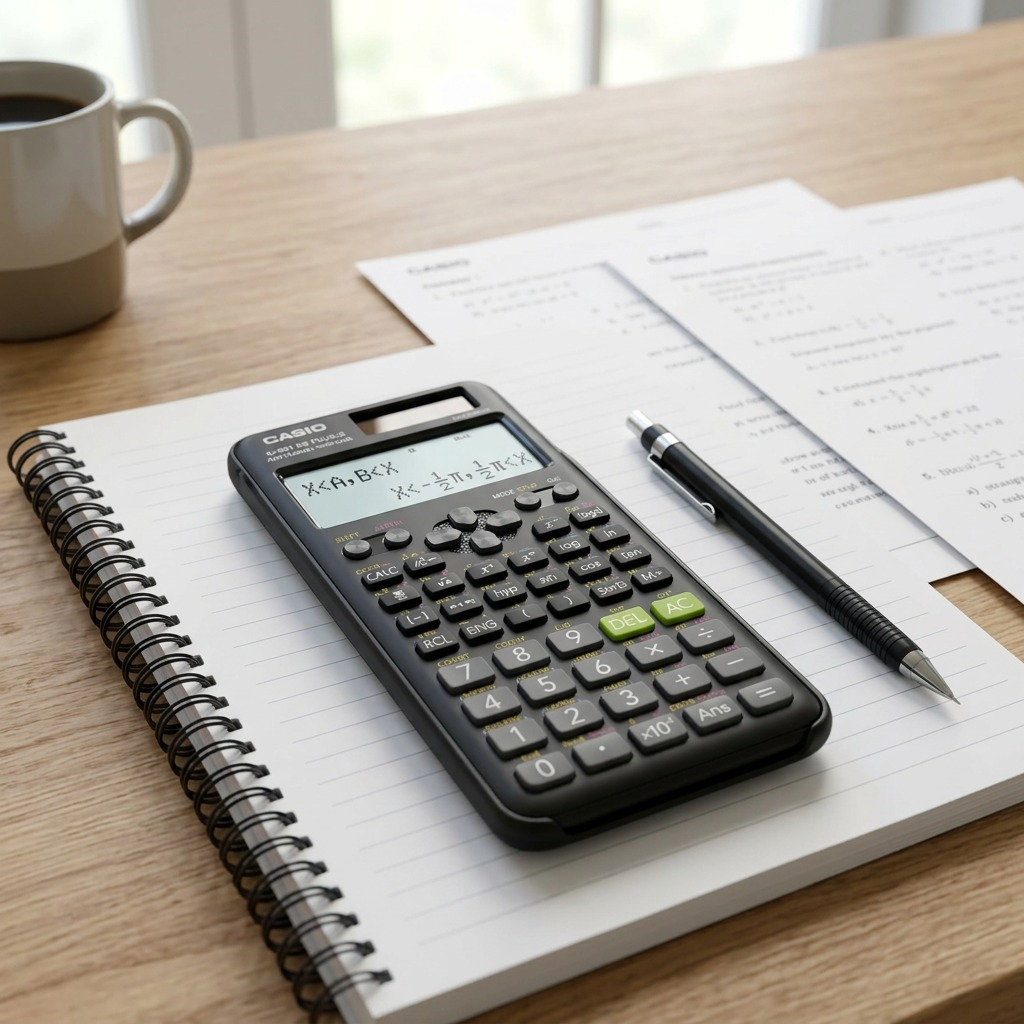 Casio FX-991ESPLSC2 scientific calculator on a spiral notebook with a pen and coffee on a desk.
