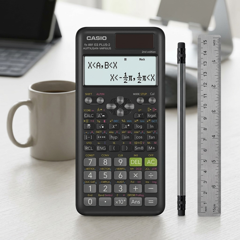 Casio FX-991ESPLUS2 scientific calculator shown for scale next to a 15cm ruler, pencil, and coffee mug.