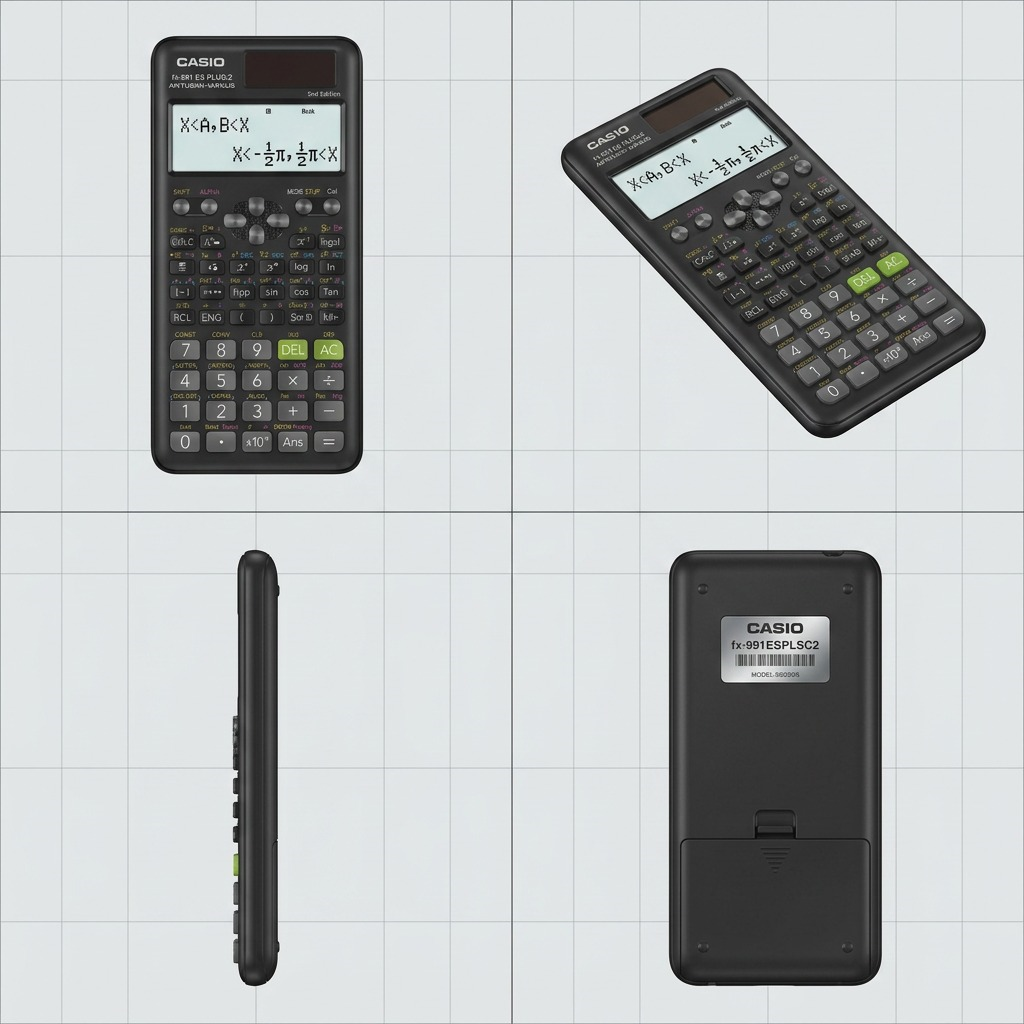 A grid showing the Casio FX-991ESPLSC2 scientific calculator from front, angled, side, and back views.