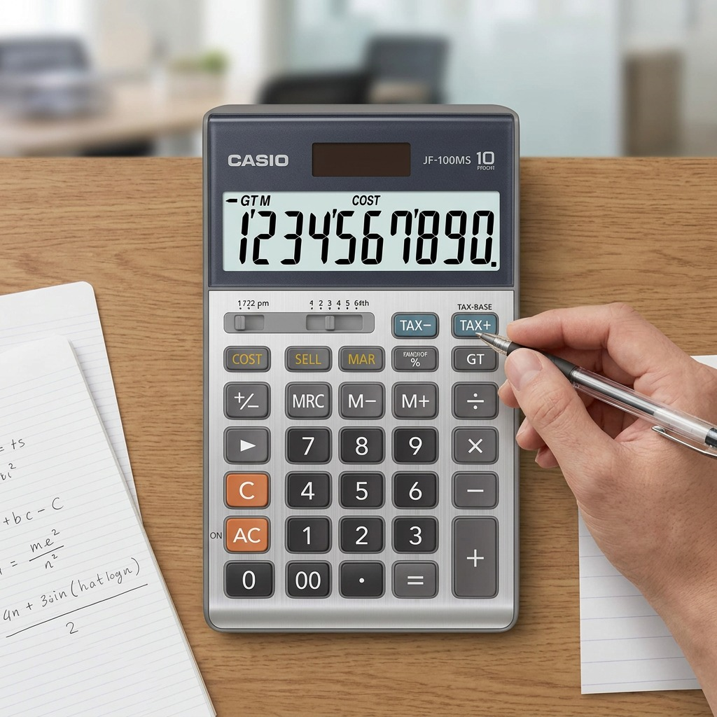 Casio JF-100MS desktop calculator on a wooden desk next to a hand with a pen for scale reference.