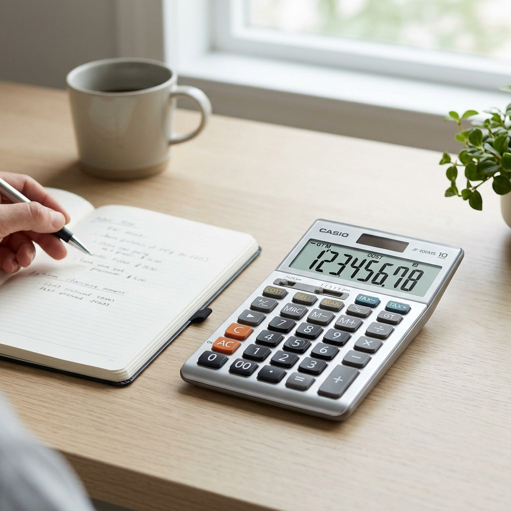 A person writing in a notebook next to a Casio JF-100MS desktop calculator on a bright wooden desk.