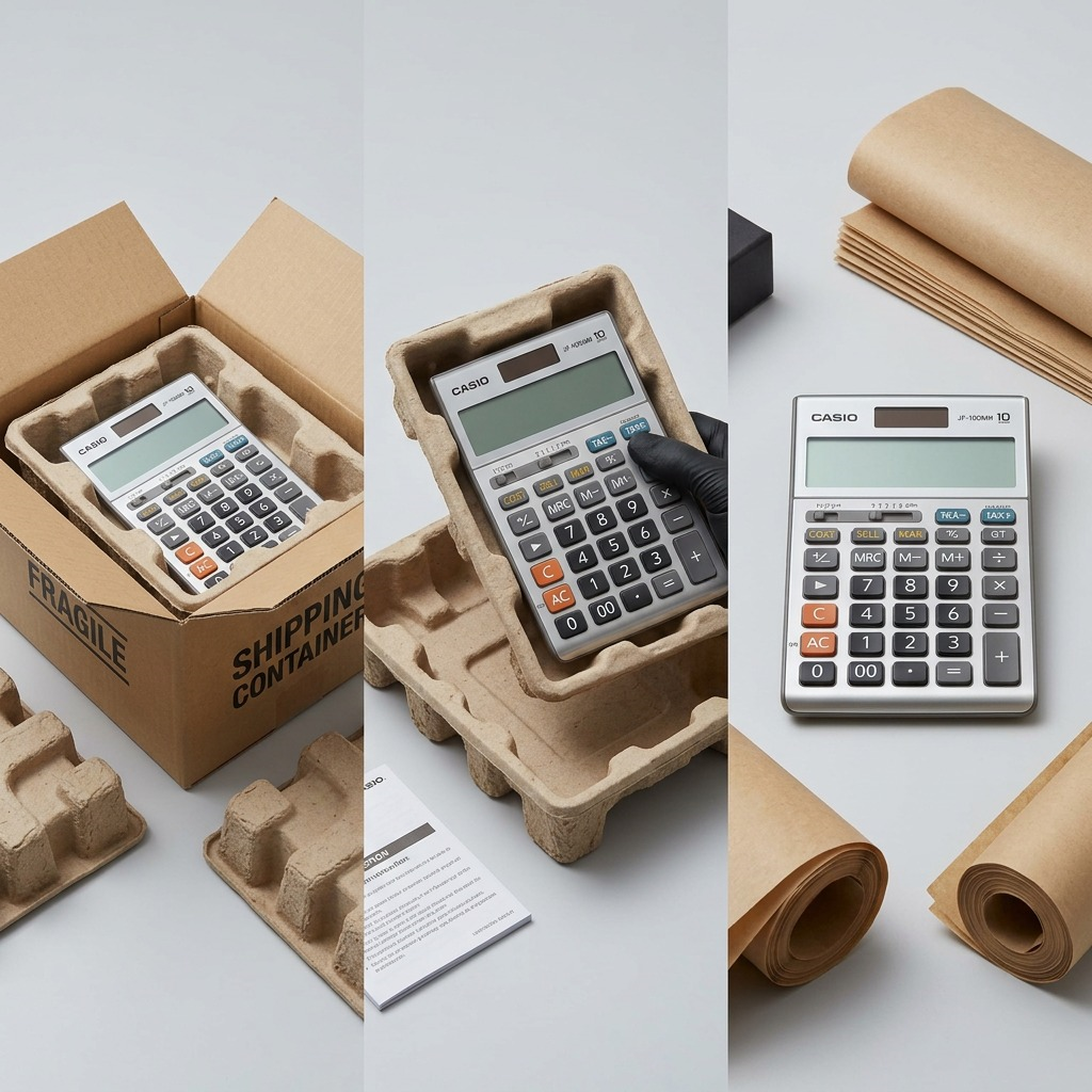 Casio JF-100MS desk calculator shown with secure protective shipping box and eco-friendly dunnage.