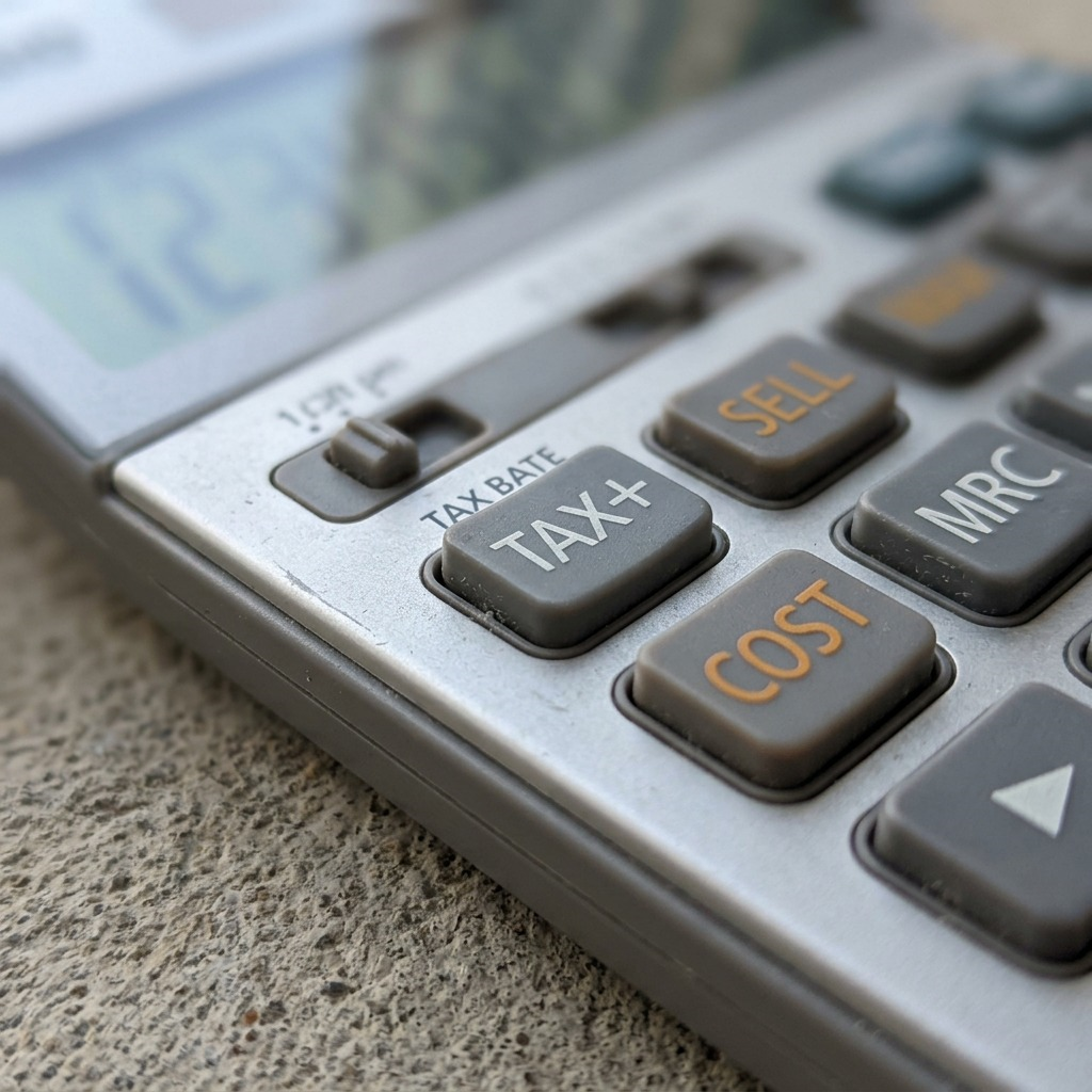 Macro view of the Casio JF-100MS calculator keypad featuring Tax+, Cost, and Sell function buttons.