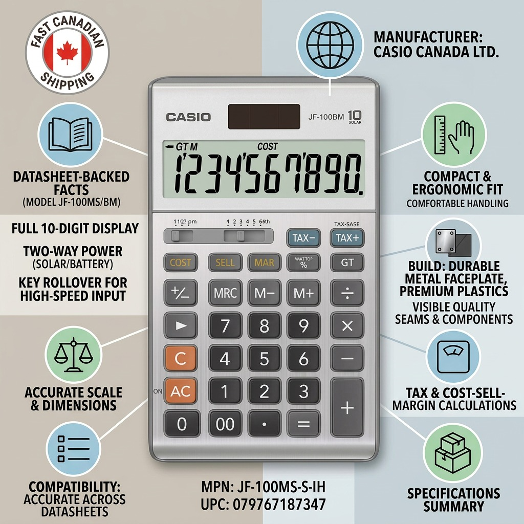 Infographic for Casio JF-100MS desktop calculator highlighting 10-digit display and fast Canadian shipping.
