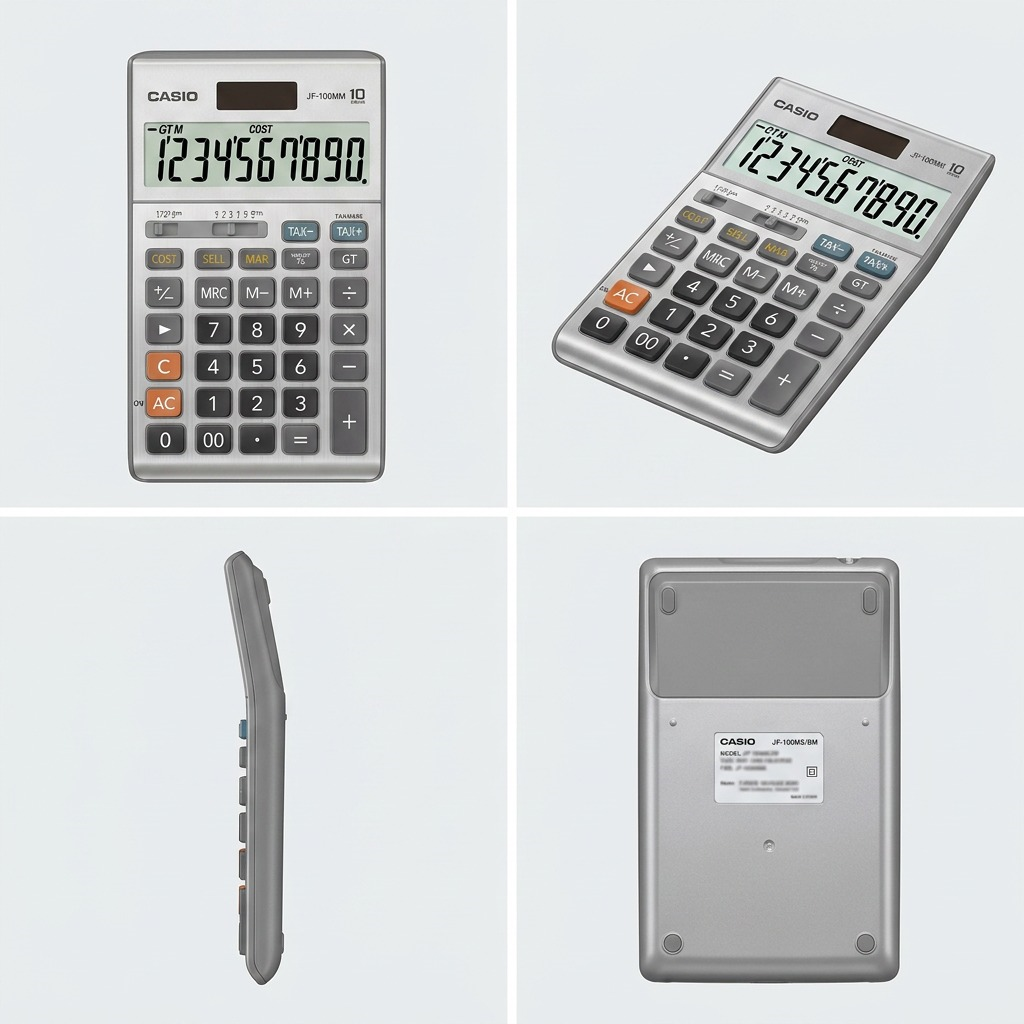 Four-way view showing front, angle, profile, and back of the Casio JF-100MS desktop calculator.