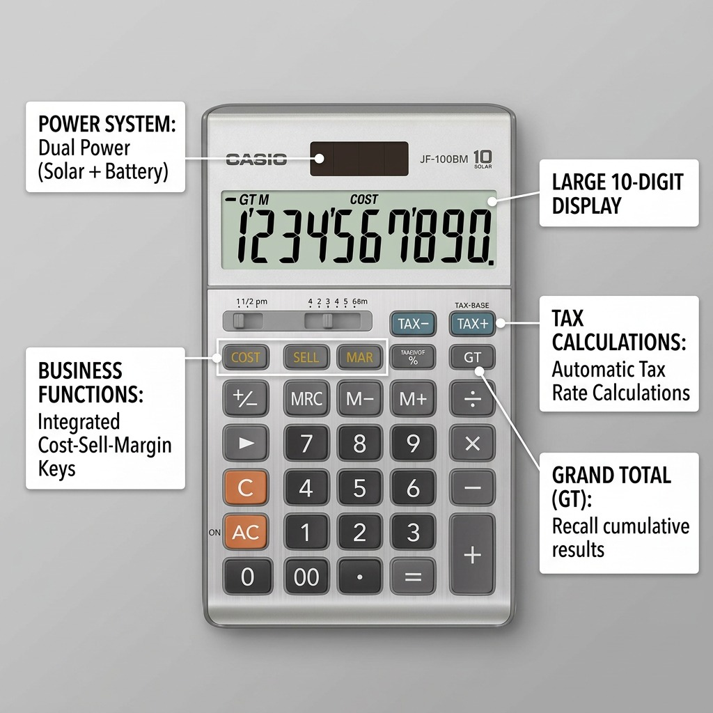 Casio JF-100MS desk calculator with callouts for dual power, 10-digit display, and tax functions.